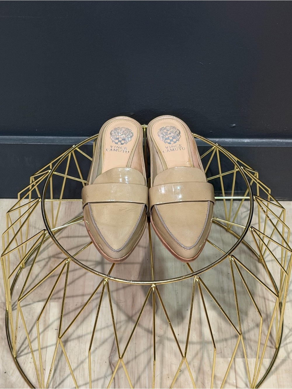 Vince Camuto Taupe Leather Pointed Toe Mule Loafers
